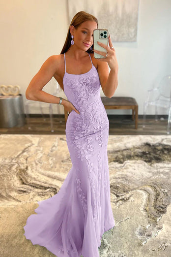 Blue Mermaid Tulle Backless Long Formal Dress with Lace