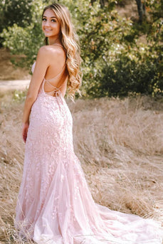 Pink Mermaid Long Formal Dress with Appliques