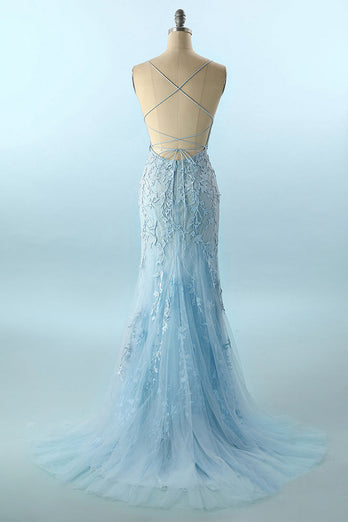 Blue Lace Mermaid Backless Formal Formal Dress