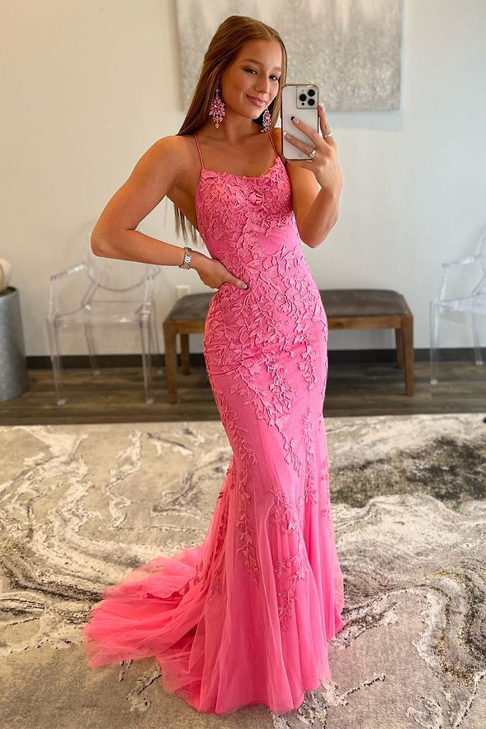 Fuchsia Spaghetti Straps Appliques Formal Dress