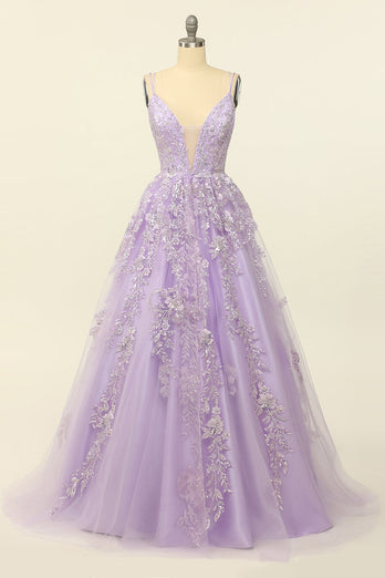 Purple Spaghetti Straps Formal Dress With Appliques