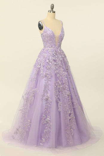 Purple Spaghetti Straps Formal Dress With Appliques