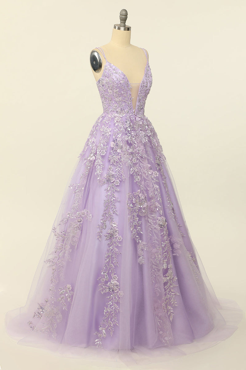 Load image into Gallery viewer, Purple Spaghetti Straps Formal Dress With Appliques