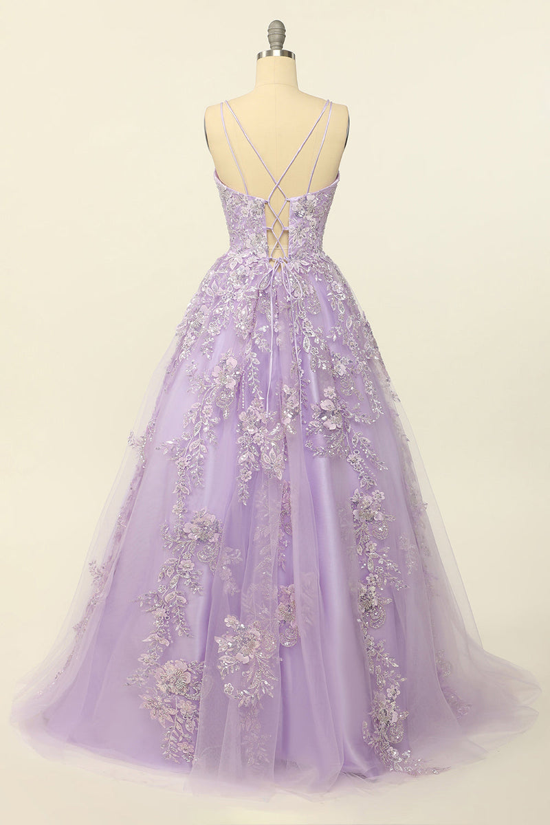 Load image into Gallery viewer, Purple Spaghetti Straps Formal Dress With Appliques