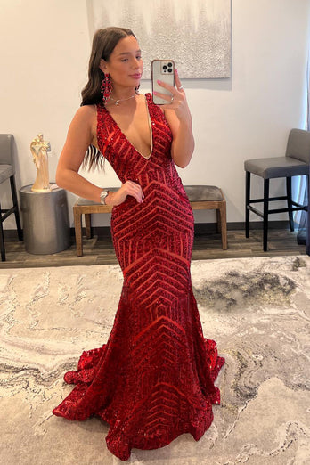 Orange Sparkly Deep V Neck Sequin Mermaid Formal Dress