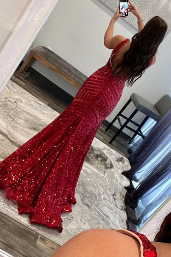 Red Sparkly Deep V Neck Sequin Mermaid Formal Dress