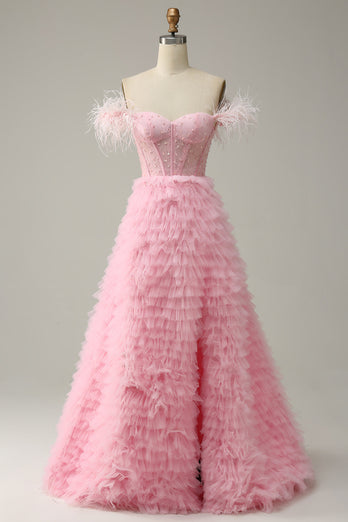 Princess A Line Off the Shoulder Pink Long Formal Dress with Feather