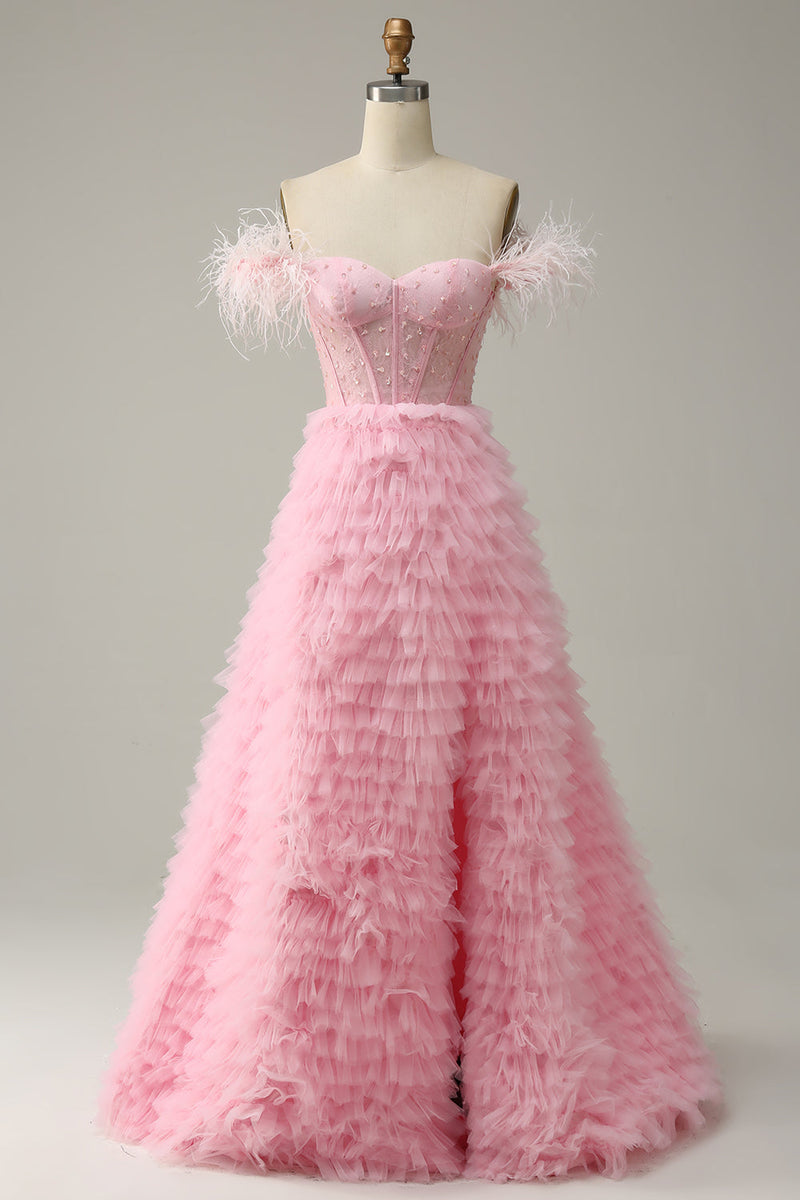 Load image into Gallery viewer, Princess A Line Off the Shoulder Pink Long Formal Dress with Feather