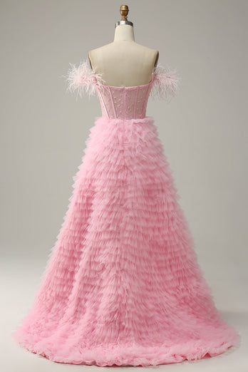 Princess A Line Off the Shoulder Pink Long Formal Dress with Feather