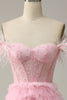 Load image into Gallery viewer, Princess A Line Off the Shoulder Pink Long Formal Dress with Feather