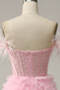 Load image into Gallery viewer, Princess A Line Off the Shoulder Pink Long Formal Dress with Feather