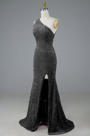 Glitter Black Sequins Long Formal Dress with Slit