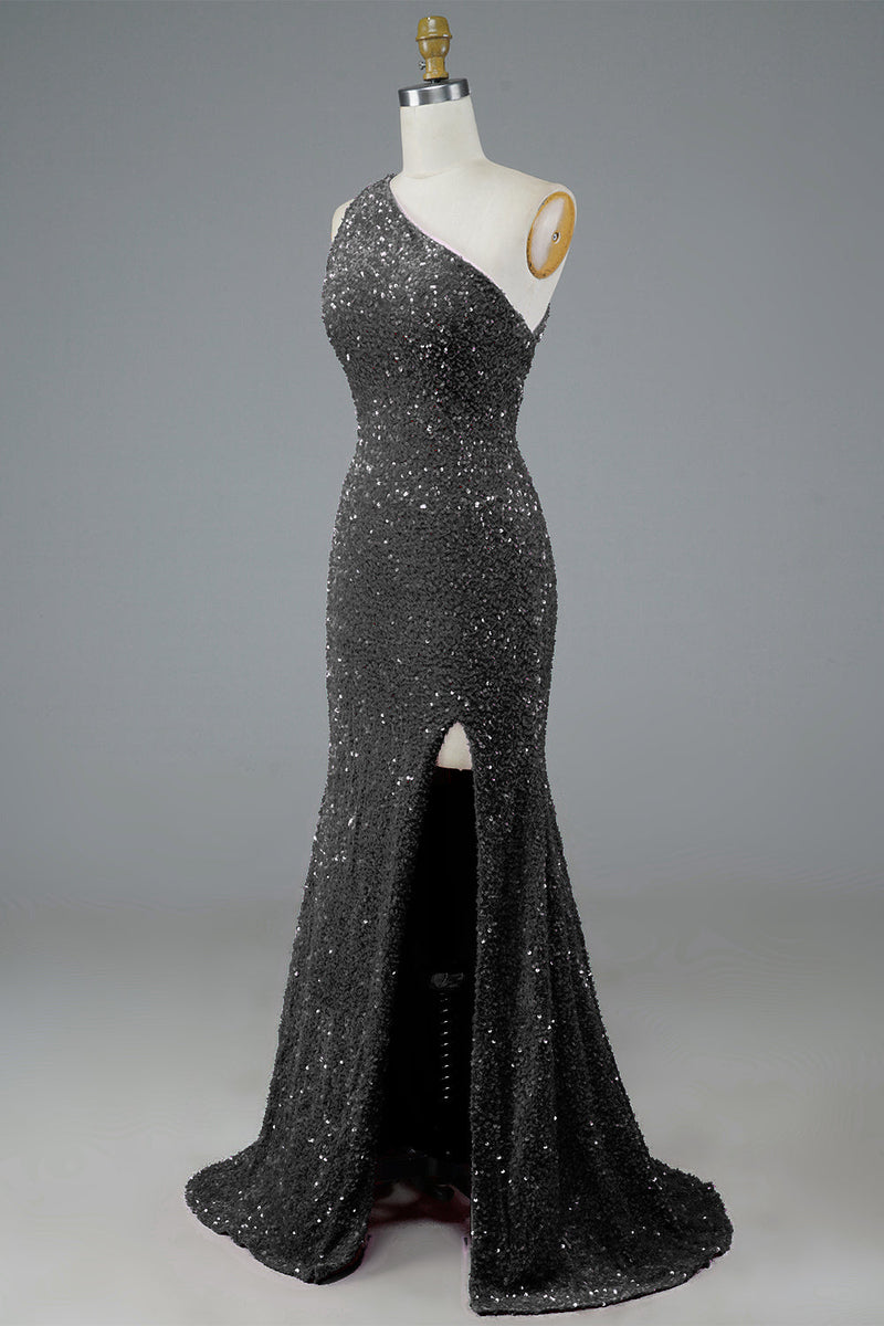 Load image into Gallery viewer, Glitter Black Sequins Long Formal Dress with Slit