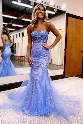 Light Blue Sweetheart Lace-Up Long Mermaid Formal Dress with Appliques