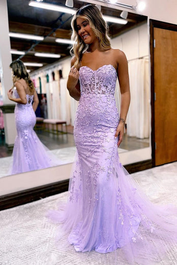 Light Blue Sweetheart Lace-Up Long Mermaid Formal Dress with Appliques