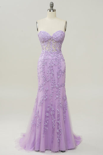 Light Purple Sweetheart Lace-Up Long Mermaid Formal Dress with Appliques