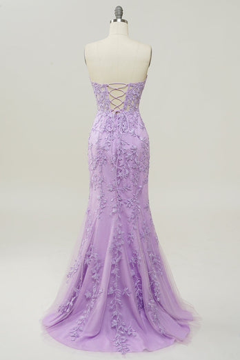 Light Purple Sweetheart Lace-Up Long Mermaid Formal Dress with Appliques