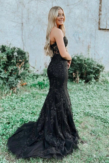 Black Strapless Formal Dress with Appliques