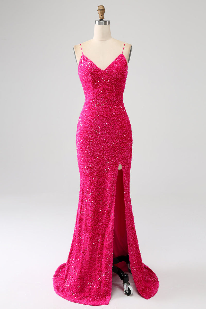 Load image into Gallery viewer, Fuchsia Mermaid Spaghetti Straps V-Neck Sequin Formal Dress With Split