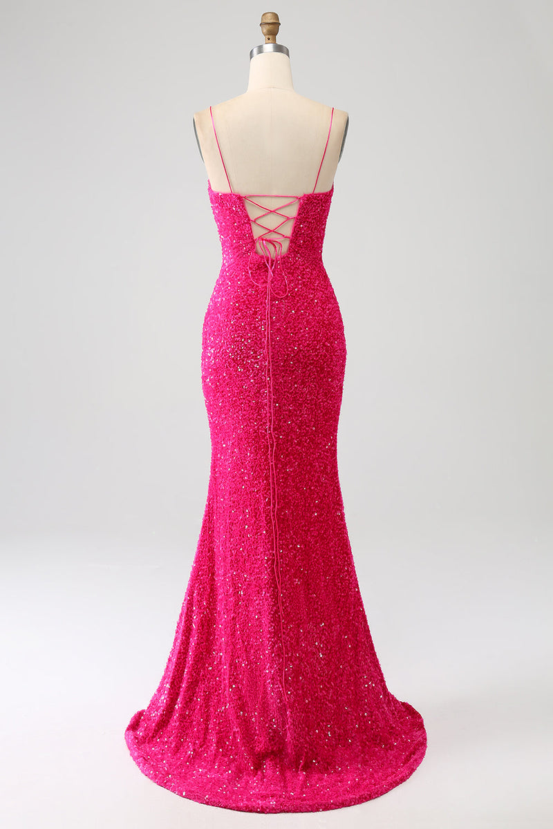 Load image into Gallery viewer, Fuchsia Mermaid Spaghetti Straps V-Neck Sequin Formal Dress With Split