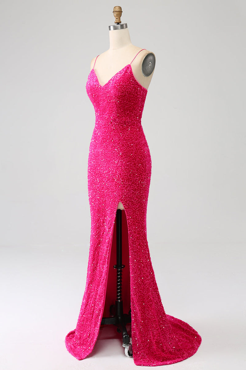 Load image into Gallery viewer, Fuchsia Mermaid Spaghetti Straps V-Neck Sequin Formal Dress With Split