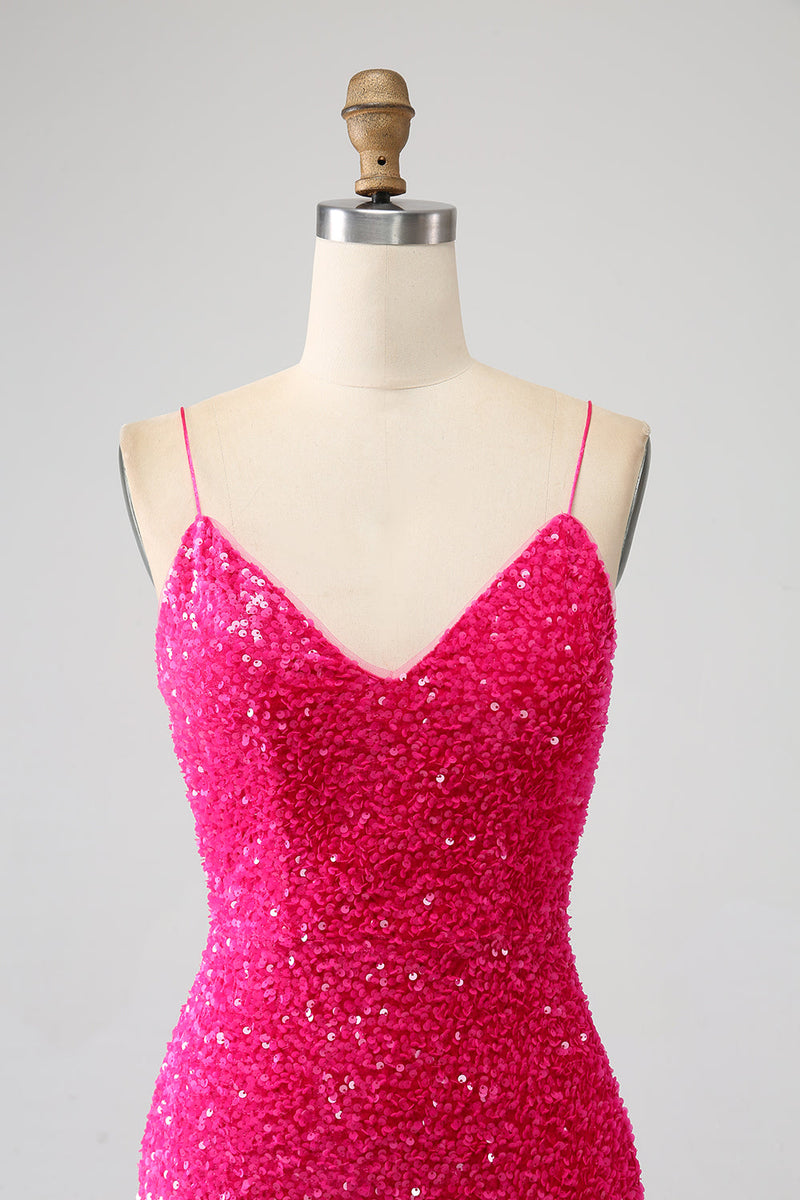 Load image into Gallery viewer, Fuchsia Mermaid Spaghetti Straps V-Neck Sequin Formal Dress With Split