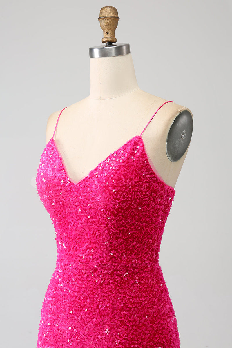 Load image into Gallery viewer, Fuchsia Mermaid Spaghetti Straps V-Neck Sequin Formal Dress With Split