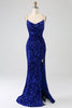 Load image into Gallery viewer, Fuchsia Mermaid Spaghetti Straps V-Neck Sequin Formal Dress With Split