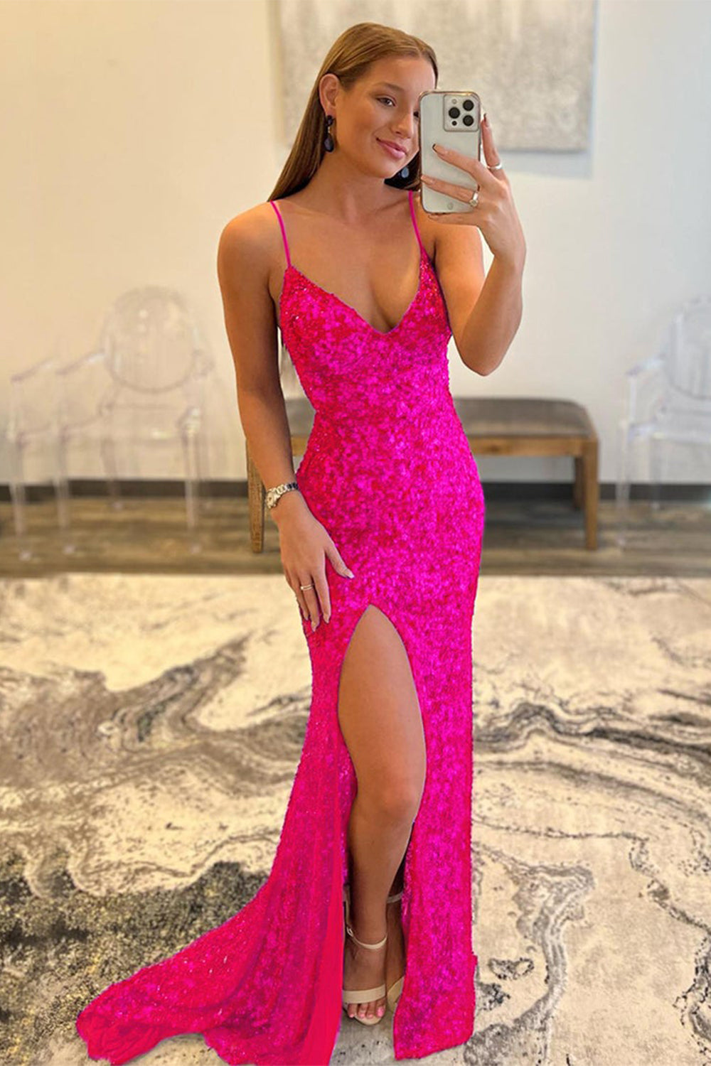 Fuchsia Sequin Mermaid Long Formal Dress