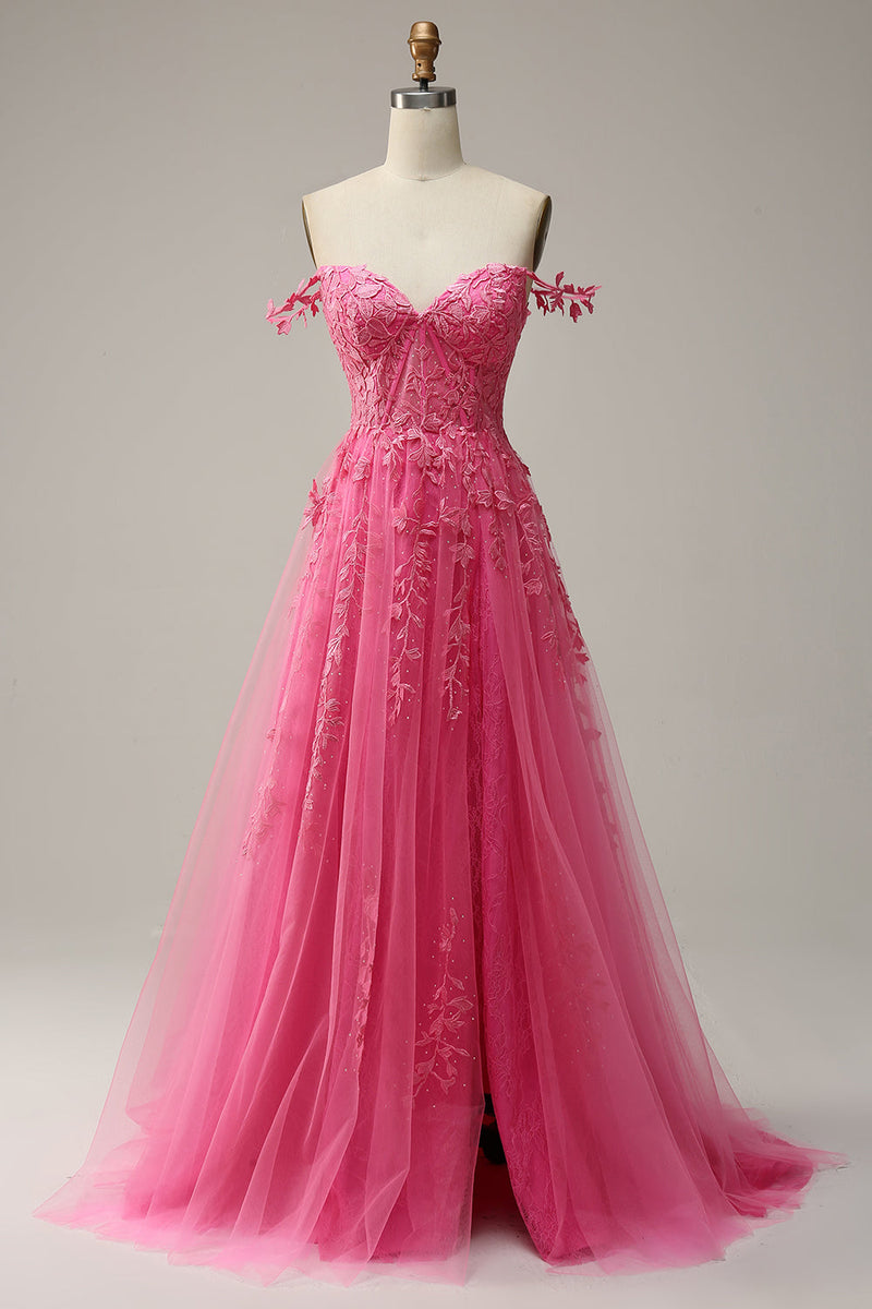 Load image into Gallery viewer, A Line Off the Shoulder Hot Pink Long Formal Dress with Appliques