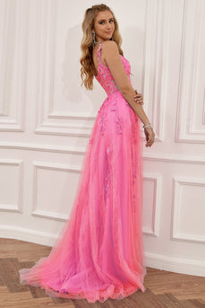 A Line Spaghetti Straps Hot Pink Formal Dress with Appliques