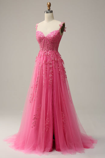 A Line Off the Shoulder Hot Pink Long Formal Dress with Appliques