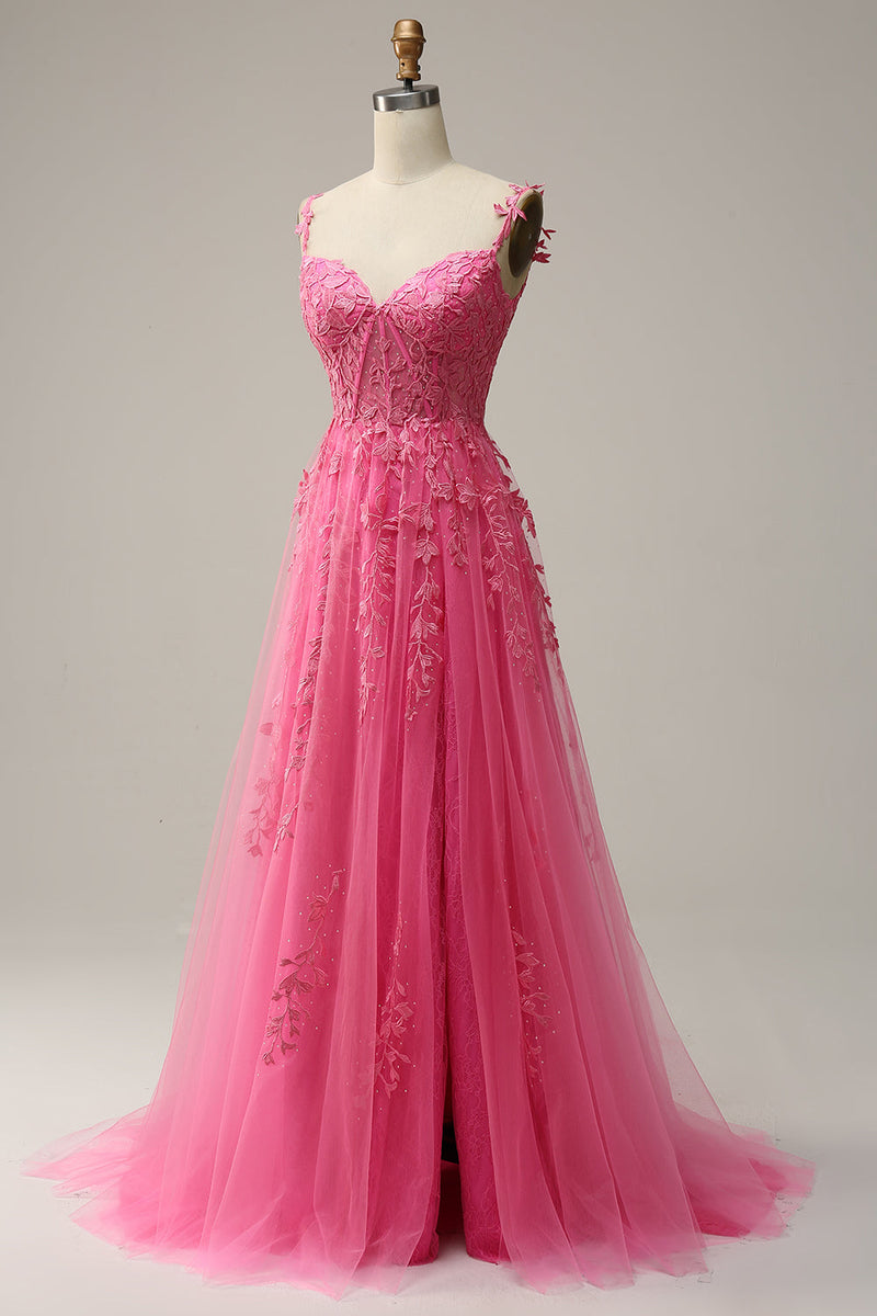 Load image into Gallery viewer, A Line Off the Shoulder Hot Pink Long Formal Dress with Appliques