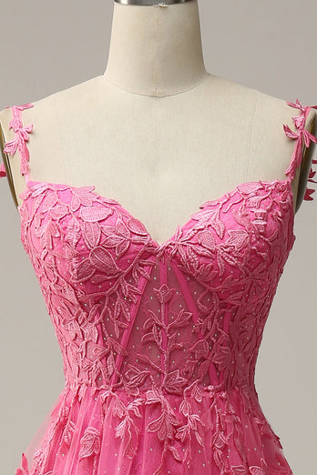 A Line Off the Shoulder Hot Pink Long Formal Dress with Appliques