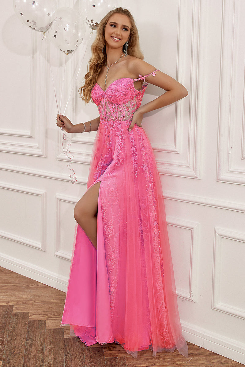 Load image into Gallery viewer, A Line Spaghetti Straps Hot Pink Formal Dress with Appliques