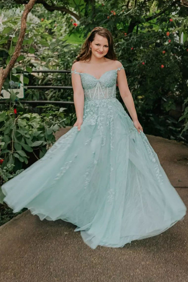 Load image into Gallery viewer, Light Green Off the Shoulder Formal Dress with Appliques