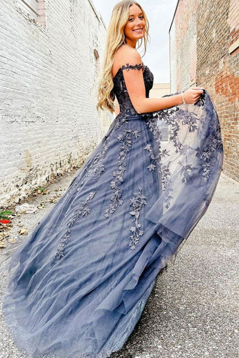 Load image into Gallery viewer, Charcoal Off the Shoulder Formal Dress with Appliques