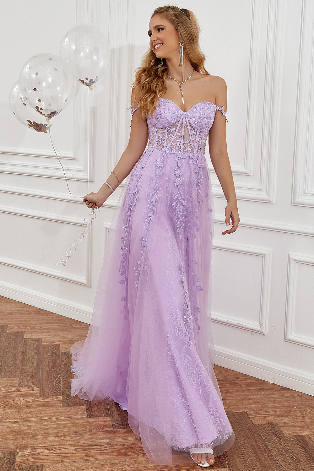 Purple Off the Shoulder Long Formal Dress with Appliques