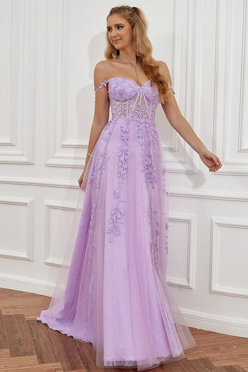 Purple Off the Shoulder Long Formal Dress with Appliques