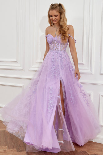 Purple Off the Shoulder Long Formal Dress with Appliques