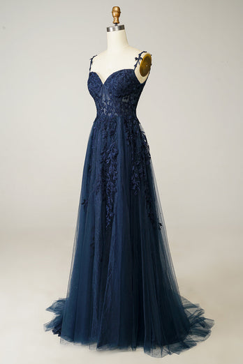 A Line Spaghetti Straps Navy Formal Dress with Appliques