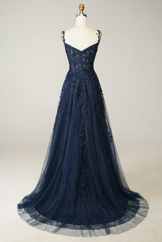 A Line Spaghetti Straps Navy Formal Dress with Appliques