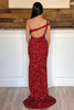 Load image into Gallery viewer, Sheath One Shoulder Red Sequins Long Formal Dress