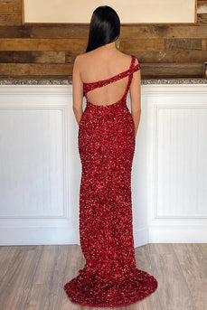 Sheath One Shoulder Red Sequins Long Formal Dress