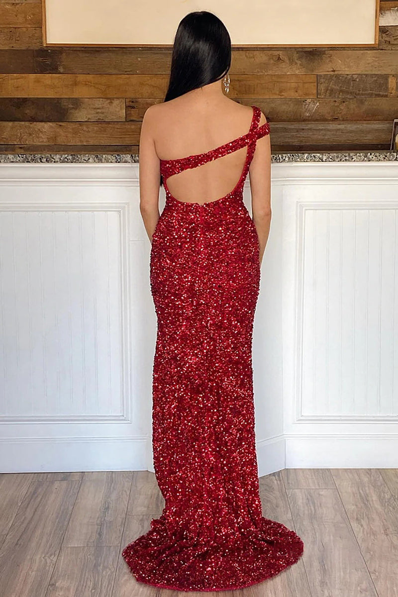 Load image into Gallery viewer, Sheath One Shoulder Red Sequins Long Formal Dress