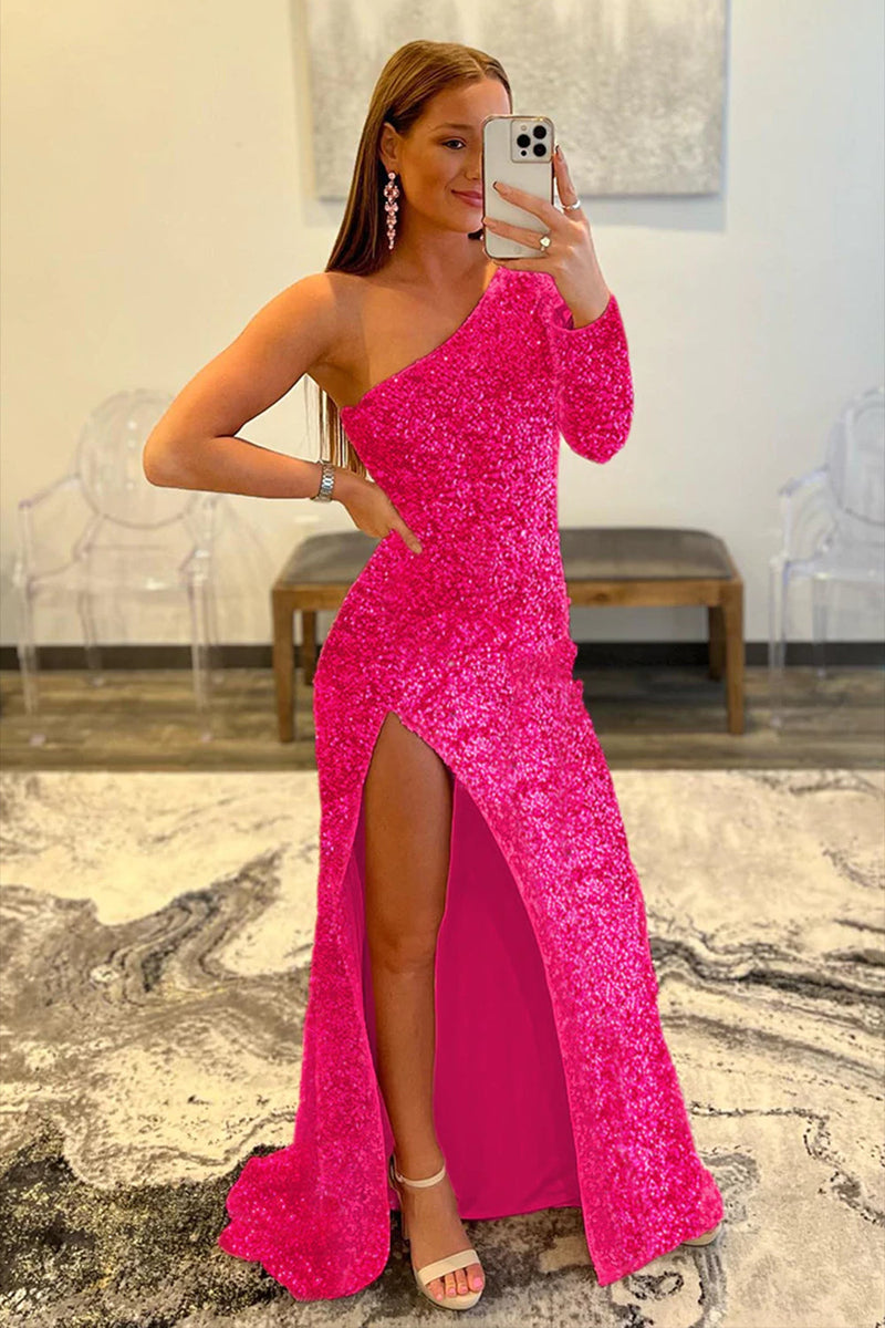 Load image into Gallery viewer, Pink One Shoulder Sequined Formal Dress