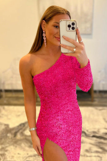 Pink One Shoulder Sequined Formal Dress