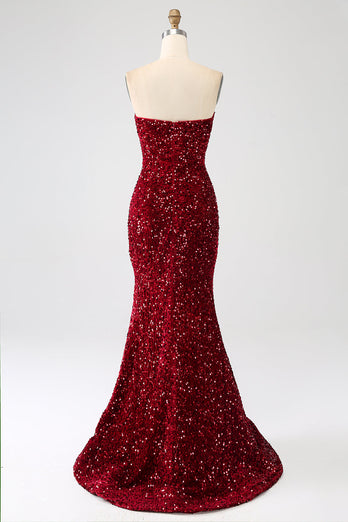 Red Strapless Sequins Long Mermaid Formal Dress With Slit