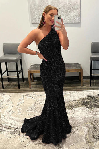 Mermaid One Shoulder Black Sequins Formal Dress