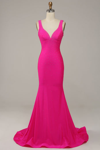 Mermaid V Neck Hot Pink Long Formal Dress with Beading